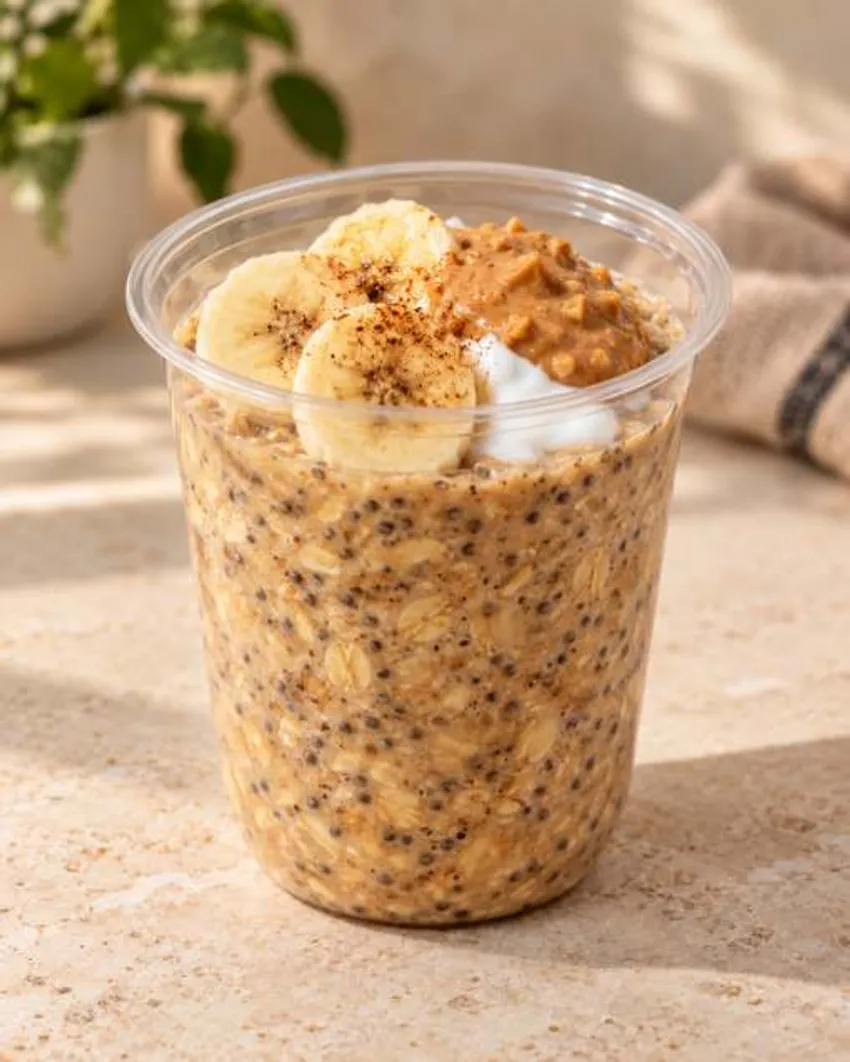 Banana Bread OatChia overnight cup with banana and nut butter