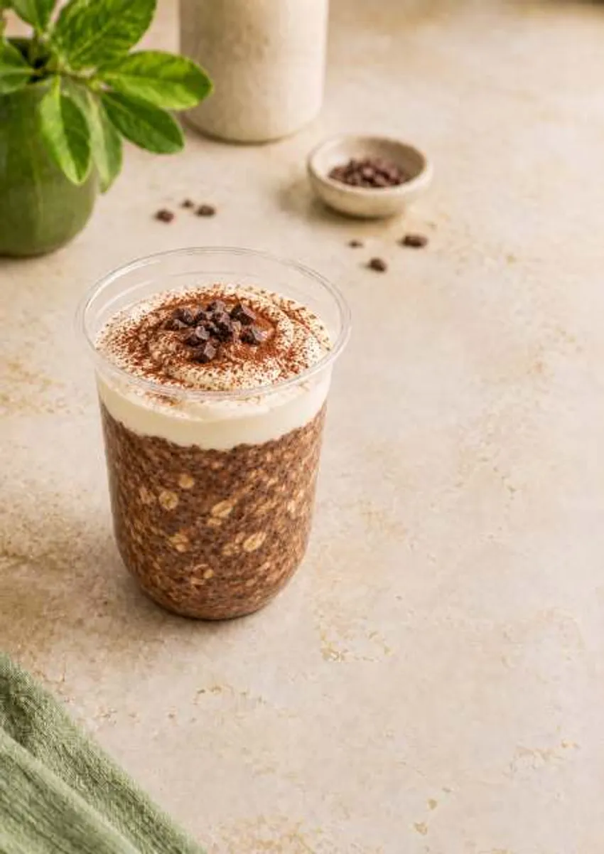 Tiramisu OatChia overnight cup topped with yoghurt and cocoa
