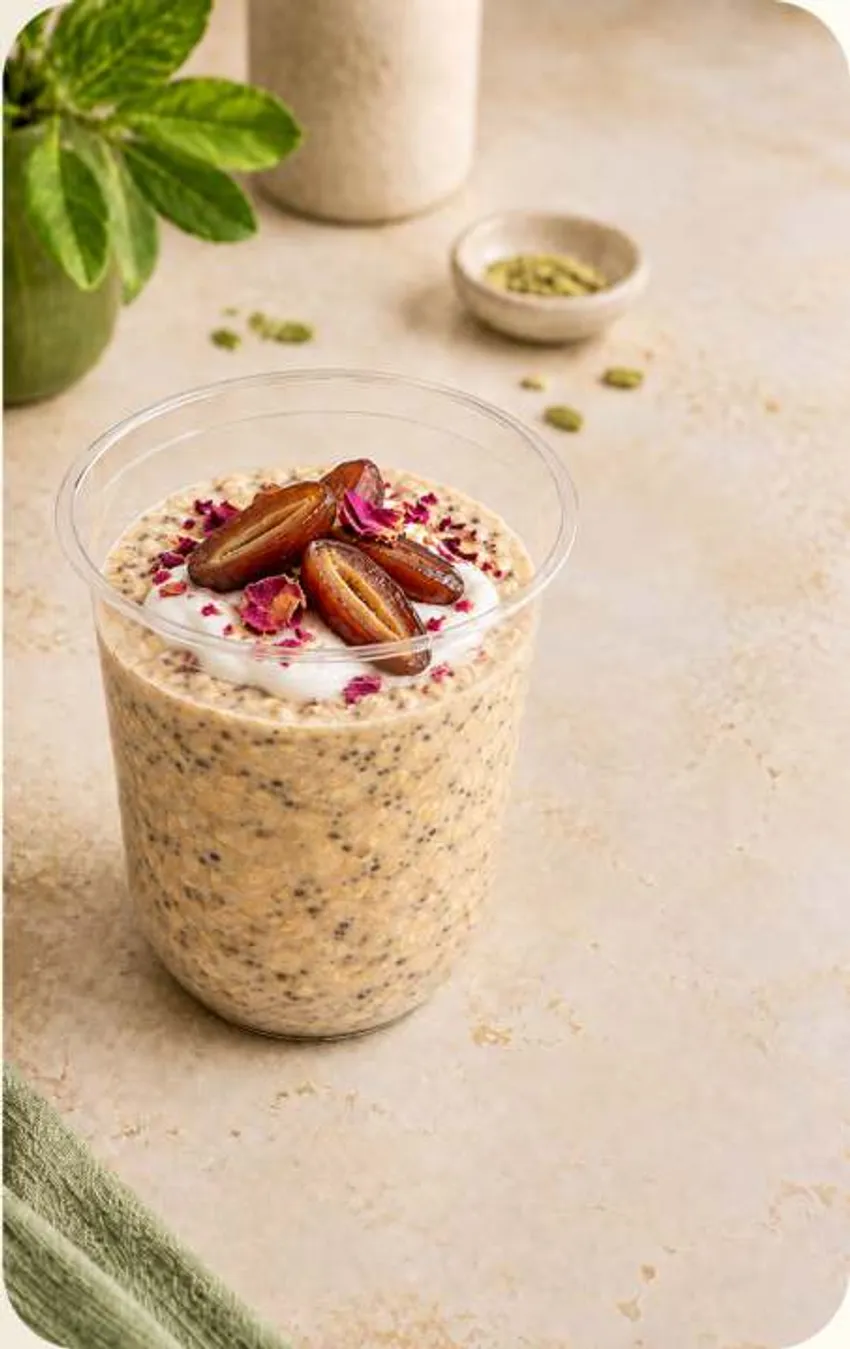 Vegan Dubai Chai overnight oats topped with dates and rose petals