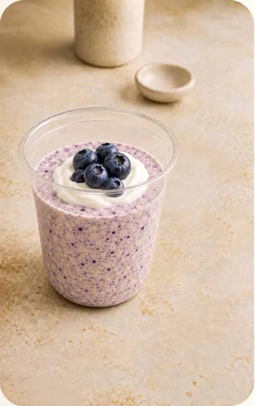 Blueberry overnight oats cup topped with blueberries