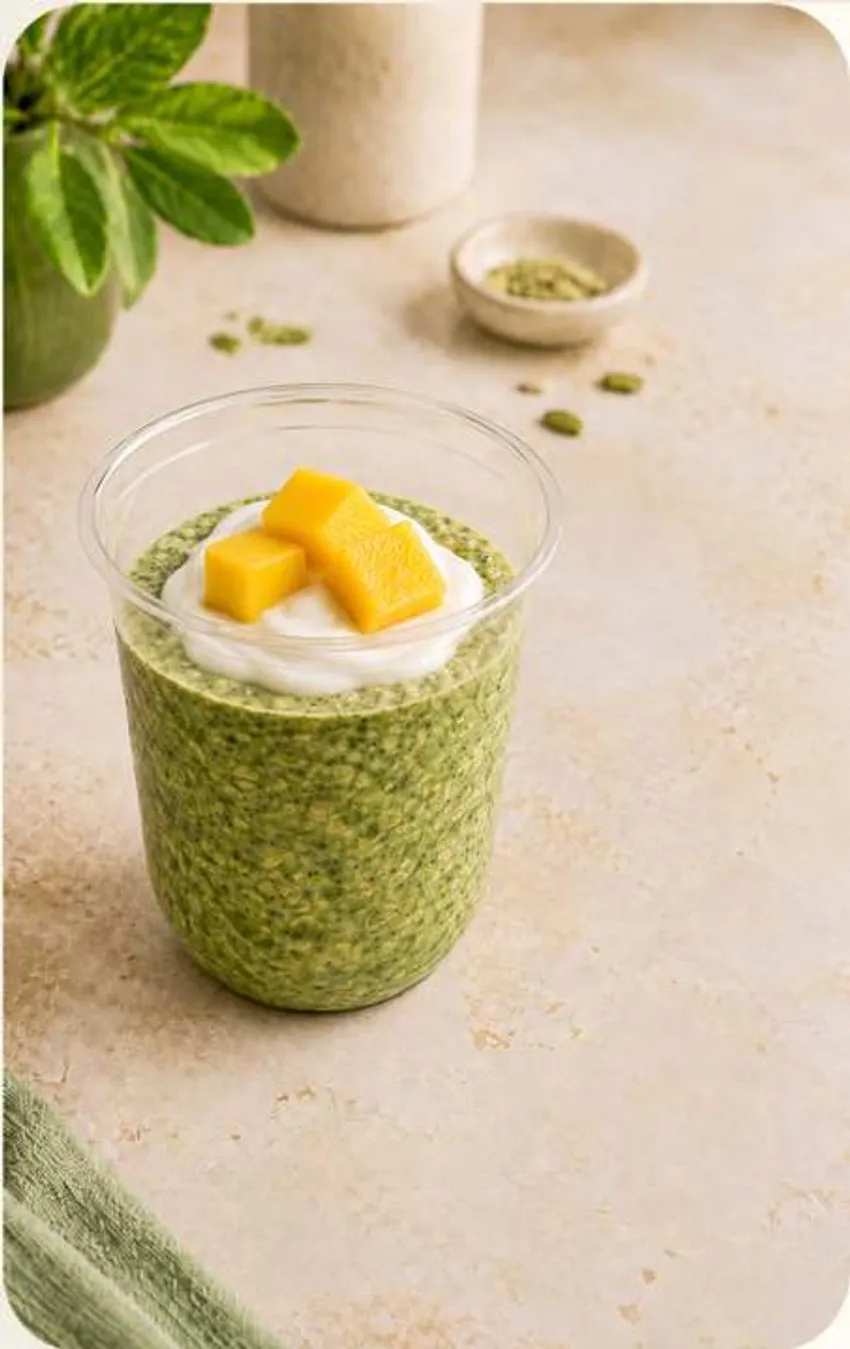 Green Mango overnight oats cup topped with mango